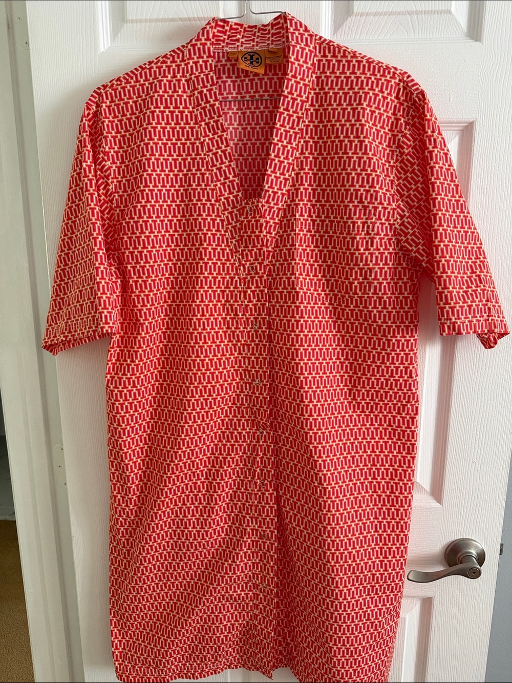 Tory Burch Orange Pink & White Geometric Print Shift 100% Cotton Dress - Large